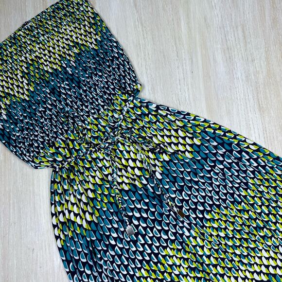 Anne Klein Green Blue Shirring Geometric Strapless Summer Maxi Dress Medium - Picture 7 of 12
